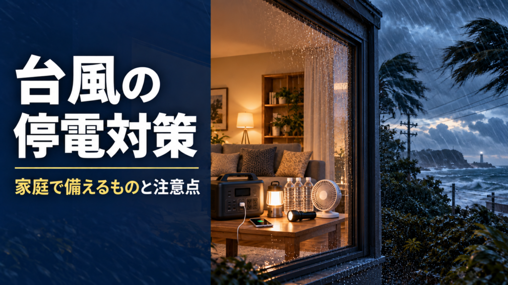 台風による停電に備え、室内にポータブル電源・LEDランタン・飲料水・扇風機を用意した戸建て住宅のアイキャッチ