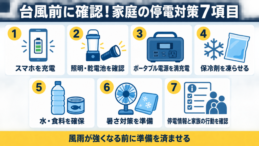 台風前に家庭で確認する7つの停電対策を、スマートフォンの充電、照明、ポータブル電源、保冷剤、水・食料、暑さ対策、家族の行動に分けて示した図解