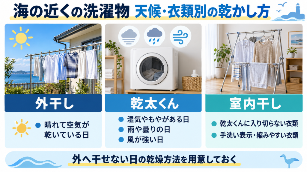 海の近くで天候や衣類に合わせて外干し・乾太くん・室内干しを使い分ける方法