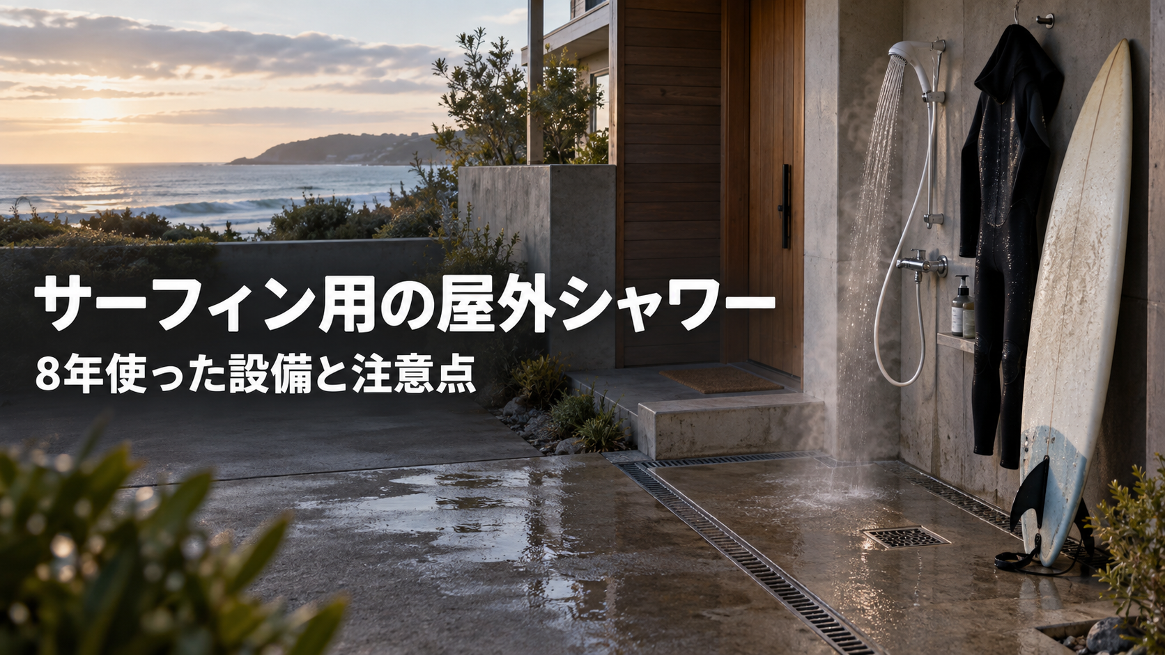 サーフィン用の屋外シャワーとサーフボードを配置した自宅土間のイメージ