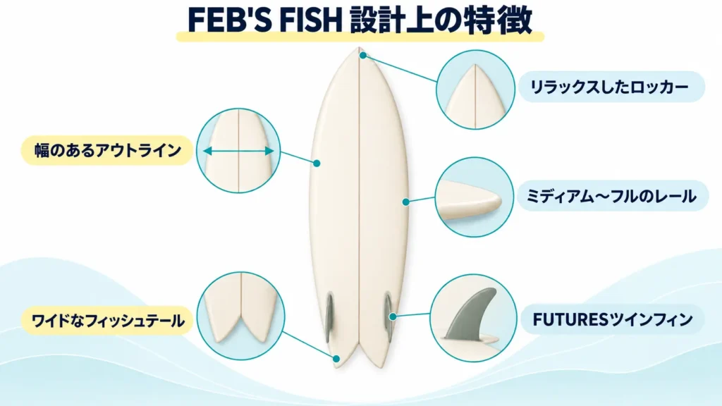 FEB'S FISHの幅広いアウトライン、レール、ロッカー、フィッシュテール、ツインフィンを示した図解