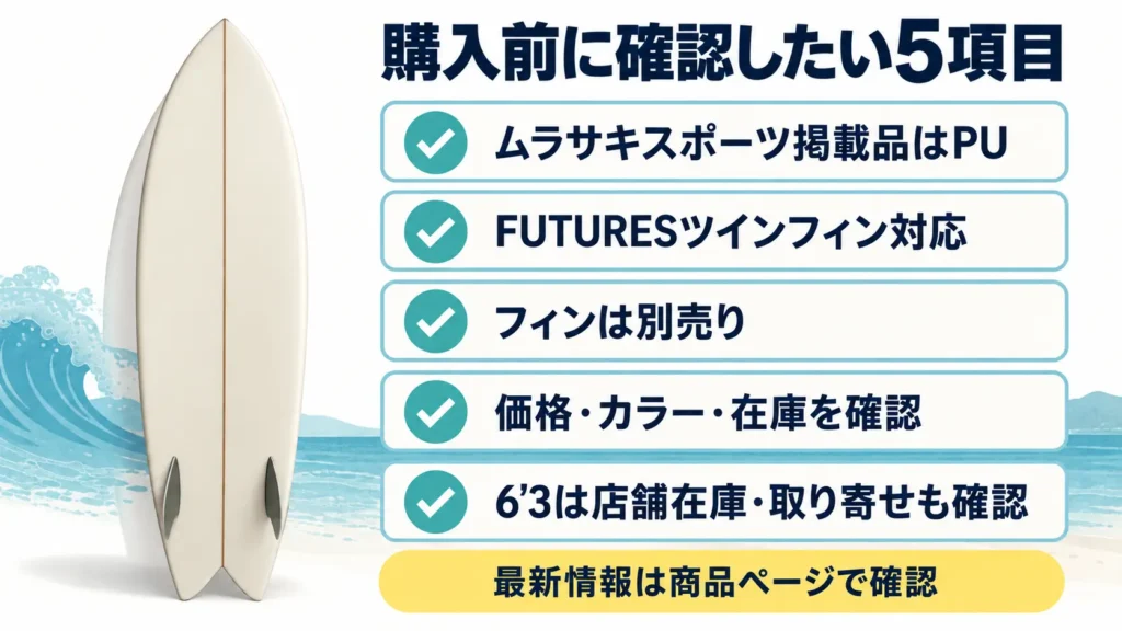 FEB'S FISH購入前に確認するPU素材、FUTURES対応、フィン別売り、価格・在庫、6'3の販売状況