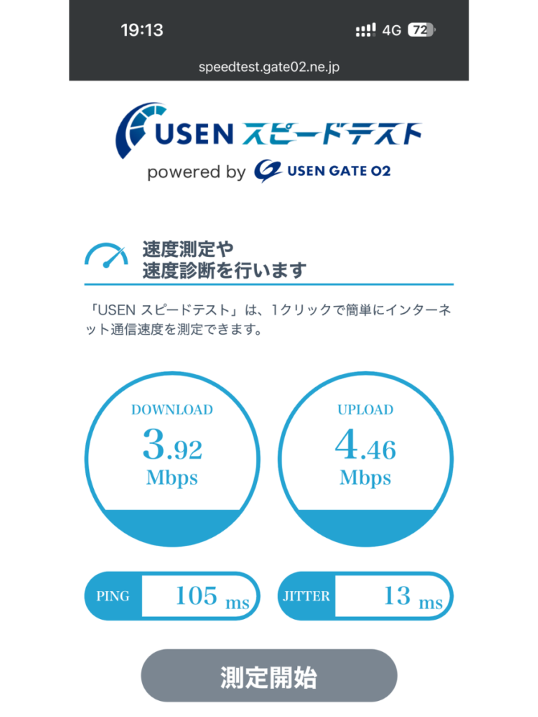 夜19時13分に横浜市で測定したマイそく プレミアム5Mbpsの通信速度
