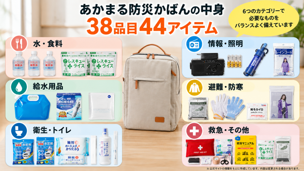 あかまる防災かばんの38品目44アイテムを水・食料、情報・照明、衛生用品など6分類で整理した図解