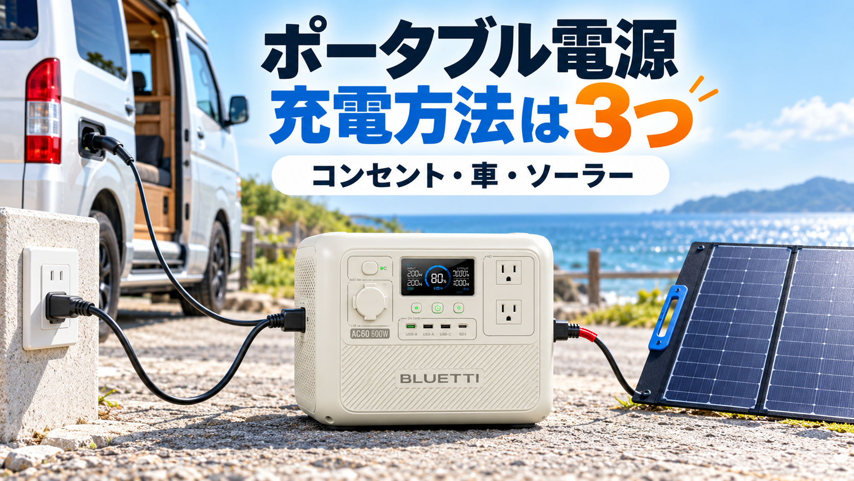 ポータブル電源を家庭用コンセント・車・ソーラーパネルで充電する3つの方法