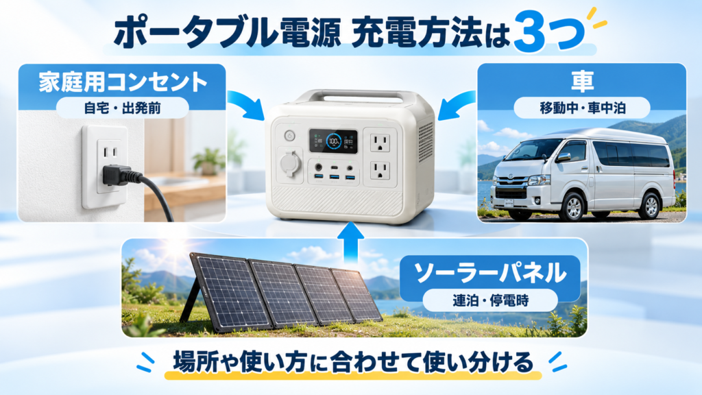 ポータブル電源を家庭用コンセント・車・ソーラーパネルで充電する3つの方法