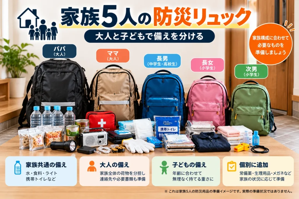 家族5人の防災リュックの準備例。大人と子どもで持ち物や重さを分けるイメージ