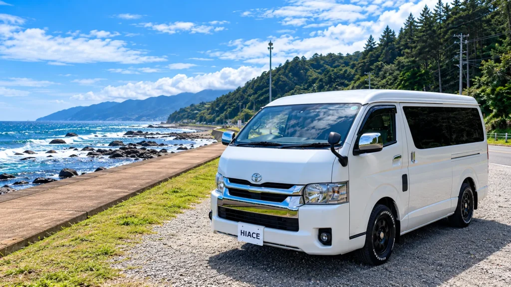 海沿いに駐車した白いハイエース200系ワイドバン