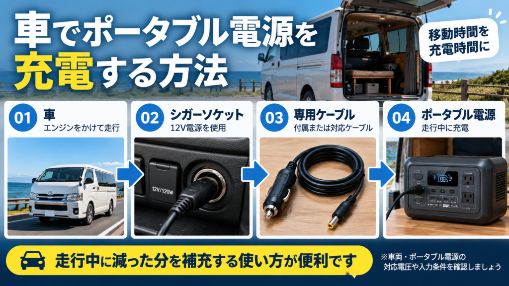 車のシガーソケットと専用ケーブルを使ってポータブル電源を走行中に充電する方法
