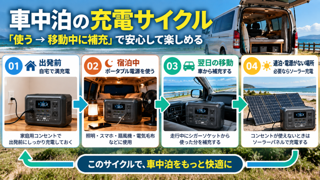 車中泊でポータブル電源を出発前に満充電し宿泊中に使用して翌日の移動中に車から補充する流れ