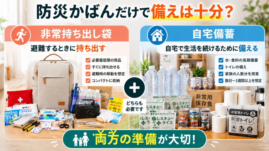 避難時に持ち出す防災かばんと自宅で生活するための備蓄用品の役割を比較した図解