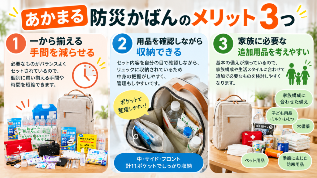 あかまる防災かばんの3つのメリットである準備の手間軽減、収納、追加用品の検討をまとめた図解
