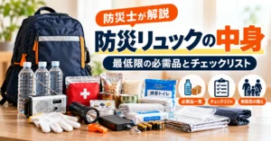 防災リュックの中身と最低限必要な防災用品を防災士が解説する記事のアイキャッチ