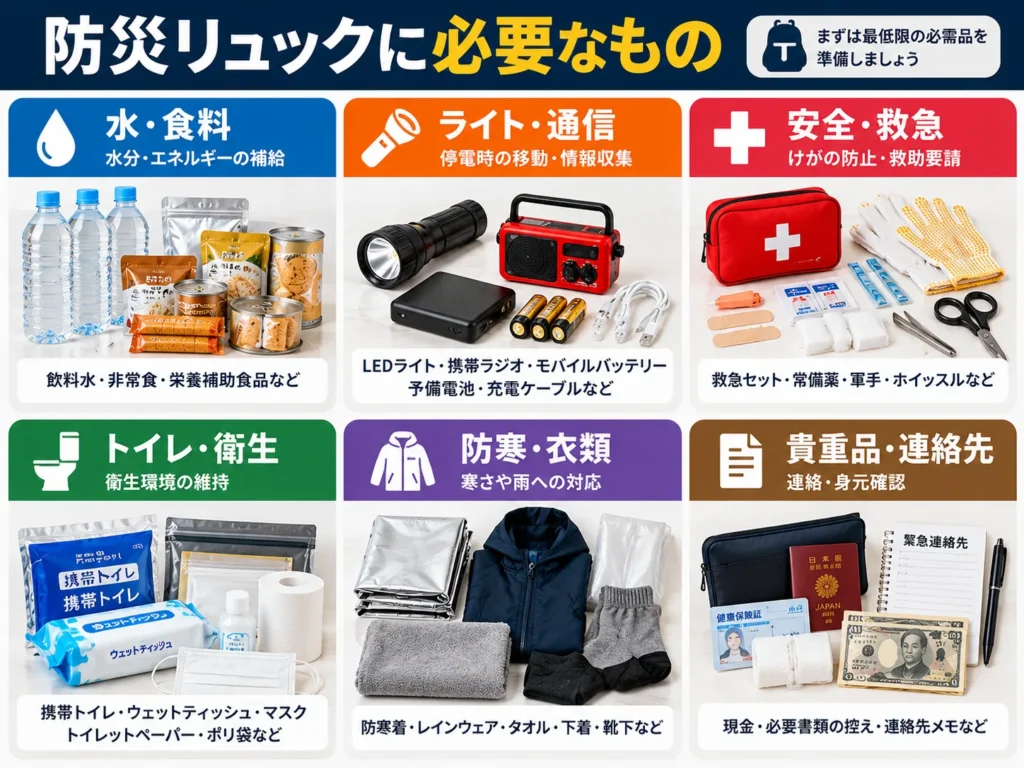 防災リュックに必要な水・食料・ライト・通信機器・救急用品・衛生用品・防寒着・貴重品の一覧
