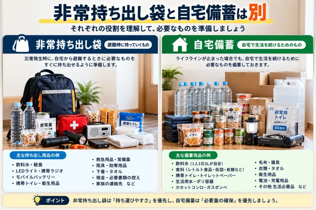 非常持ち出し袋と自宅備蓄の違いを比較した図解。避難時の携帯用品と家庭で備蓄する水・食料・生活用品を紹介